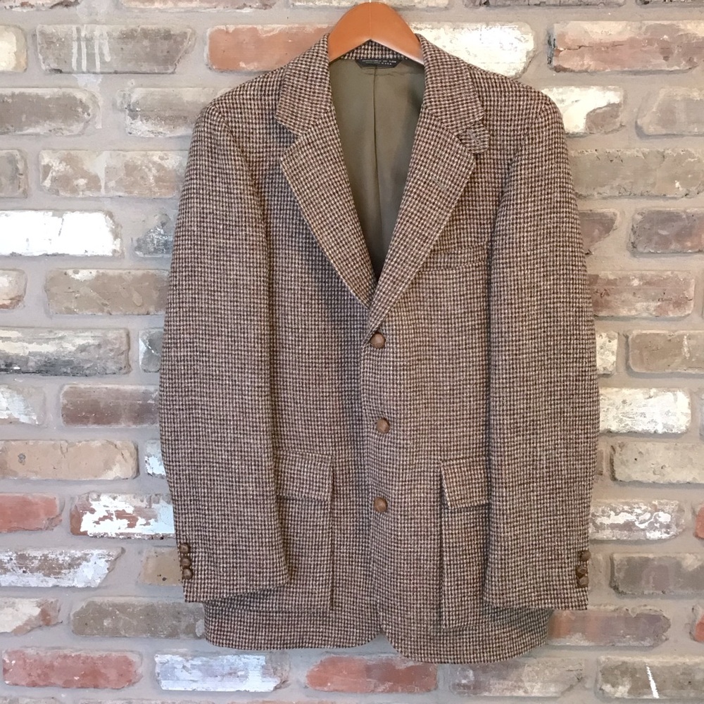L.L. BEAN Men’s Vintage HARRIS TWEED Brown Scottish Wool Blazer Jacket 40R